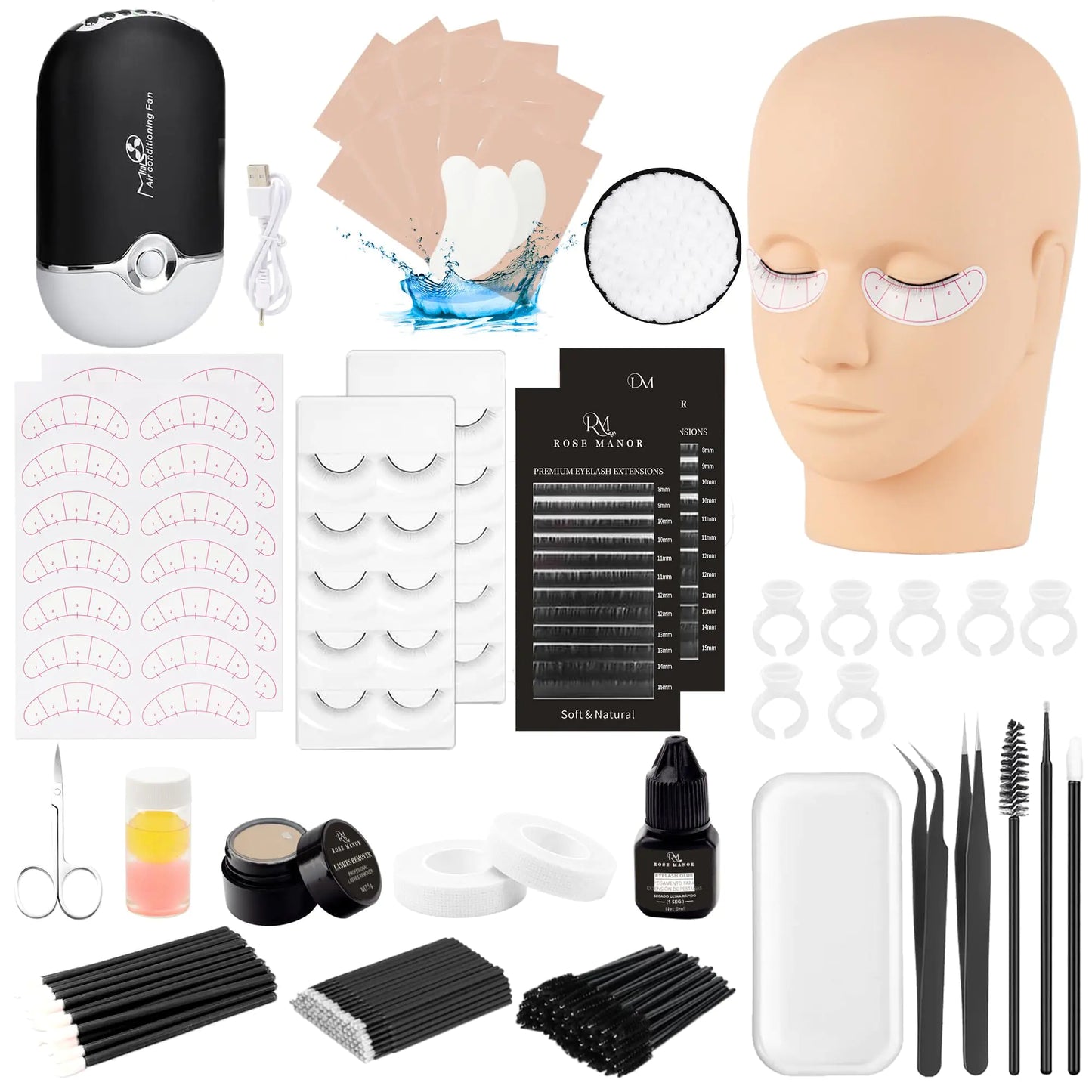 Rose Manor Lash Eyelash Extension Kit Lash Kit for Eyelash Extension Beginners with Mannequin Head Individual Lash Glue Eyelash Remover Fan Lash Extension Supplies Tools for Practice Training