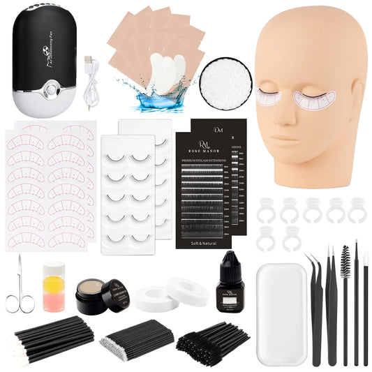 Rose Manor Lash Eyelash Extension Kit Lash Kit for Eyelash Extension Beginners with Mannequin Head Individual Lash Glue Eyelash Remover Fan Lash Extension Supplies Tools for Practice Training